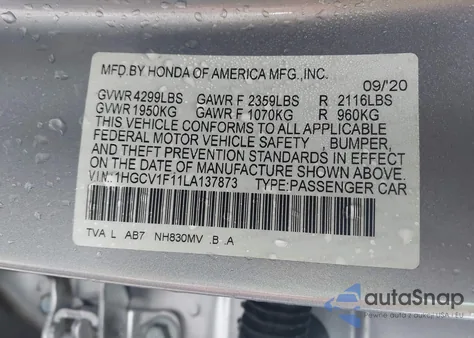 2020 Honda Accord Lx из США, поврежденный, VIN 1HGCV1F11LA137873